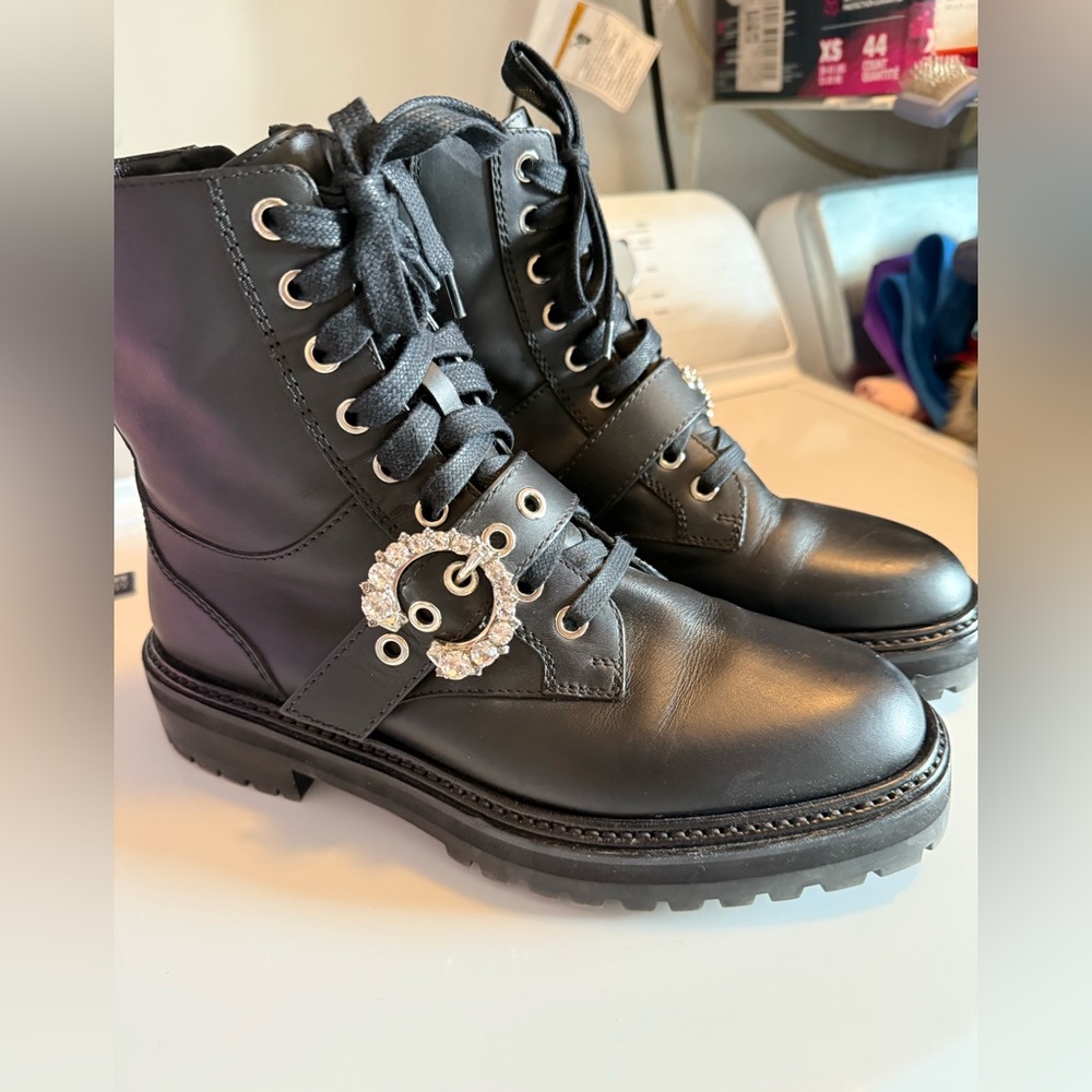Jimmy Choo Black Leather Combat Boots with Crystal Buckle